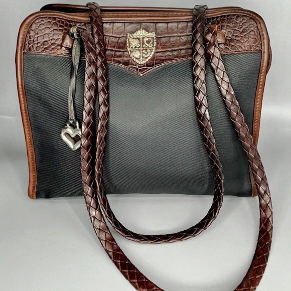 BRIGHTON  BLACK NYLON CROC BROWN EMBOSSED LEATHER SHOULDER DOUBLE BRAIDED STRAPS - Picture 10 of 12